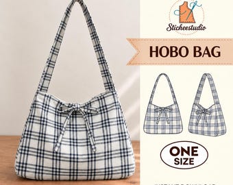 May include: A hobo bag featuring a white fabric with a dark blue and black plaid pattern, a single shoulder strap, and a decorative bow on the front. The image includes text reading Sticheestudio, HOBO BAG, ONE SIZE, and INSTANT DOWNLOAD.