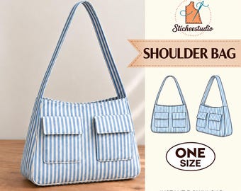 May include: A shoulder bag featuring a light blue and white vertical striped pattern with two front pockets and a single shoulder strap. The image includes the text Sticheestudio, SHOULDER BAG, and ONE SIZE, along with two technical line drawings of the bag.
