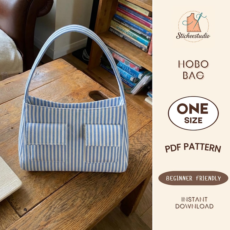 May include: A hobo bag featuring a light blue and white vertical striped pattern with two front pockets and a single shoulder strap. The text on the right reads Sticheestudio HOBO BAG ONE SIZE PDF PATTERN BEGINNER FRIENDLY INSTANT DOWNLOAD.