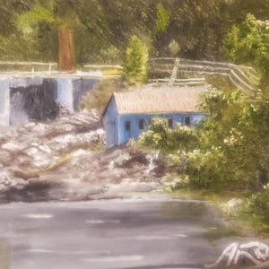 May include: An oil painting of a tranquil landscape featuring a waterfall, a blue building, and verdant foliage. A small blue building with a light brown roof is positioned near the water. The artwork is signed in the lower right corner.