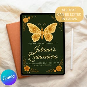 Editable Quinceañera Invitation Template | Butterfly Theme | Gold Floral Sweet 15 Invite | Instant Download | Canva Template