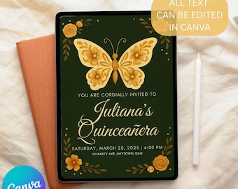 Edytowalny szablon zaproszenia na Quinceañera | Motyw motyla | Złote zaproszenie na 15. urodziny z motywem kwiatowym | Natychmiastowe pobranie | Szablon Canva
