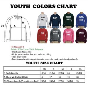 The image is a youth colors chart and youth size chart, which provide information on the sizes and colors of various clothing items, such as sweatshirts and jackets.