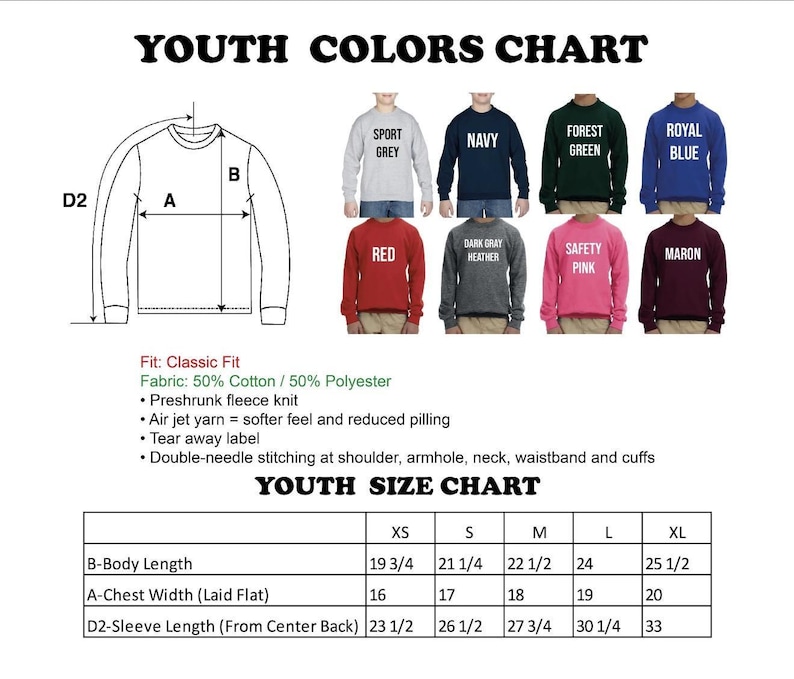The image is a youth colors chart and youth size chart, which provide information on the sizes and colors of various clothing items, such as sweatshirts and jackets.