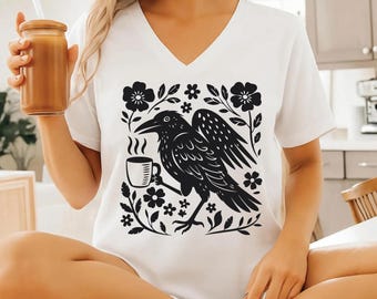 Boho Crow V-Neck, Bird Coffee Lover Racerback, Coffee Lover Gift, Floral Crow Forest Animal V-Neck,SS0965