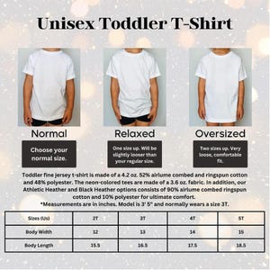 The image is a collage of three images showing different sizes of a unisex toddler t-shirt, with the sizes labeled as Normal, Relaxed, and Oversized.