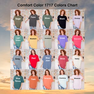 The image is a color chart featuring a grid of 16 different t-shirt designs, each with a unique color. The colors include Sage, Pepper, Moss, Black, Orchid, Light Green, Mustard, Sandstone, Violet, Watermelon, Grey, Red, Blue Jean, Brick, Ivory, Blue Spice, Yam, Terracotta, and Chambrey.