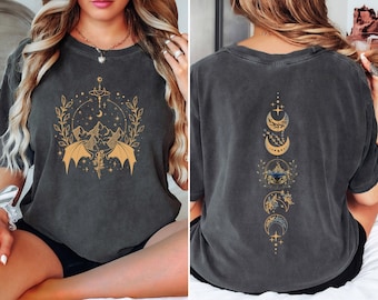 Camiseta Velaris con alas de murciélago y colores cómodos, estampado en la espalda Night Court, inspirada en ACOTAR, con fases lunares celestiales, regalo s3