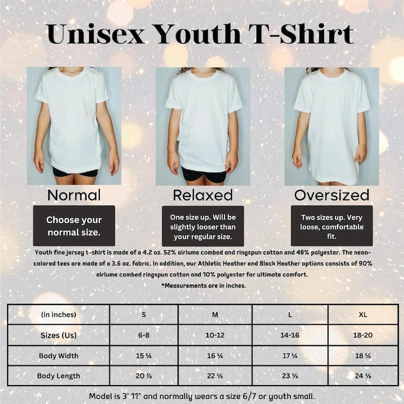 The image is a collage of three photos of a young person wearing a white t-shirt, each in a different size. The text provides information about the different sizes and the corresponding measurements.