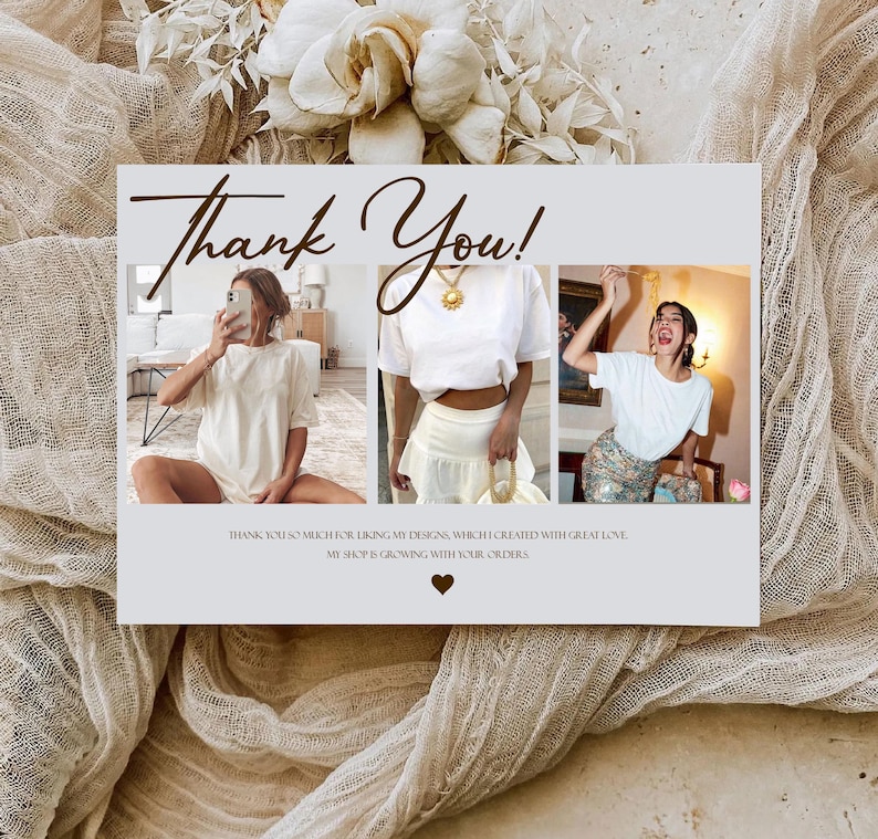 The image is a collage of three photos featuring a woman in different outfits, with a floral background. The text on the collage reads "Thank you! Your style is so much for liking my designs, which I created with great love. So much for your orders."