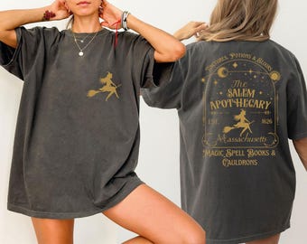 Salem Apothecary Witch T-shirt, Magical Spell Books & Cauldrons Design, Witchcraft Apparel, Halloween Shirt, Vintage Mystic Gift,s85