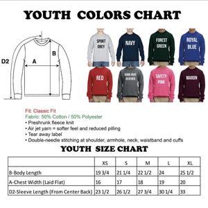 The image is a youth colors chart and youth size chart, which provide information on the sizes and colors of various clothing items, such as sweatshirts and jackets.