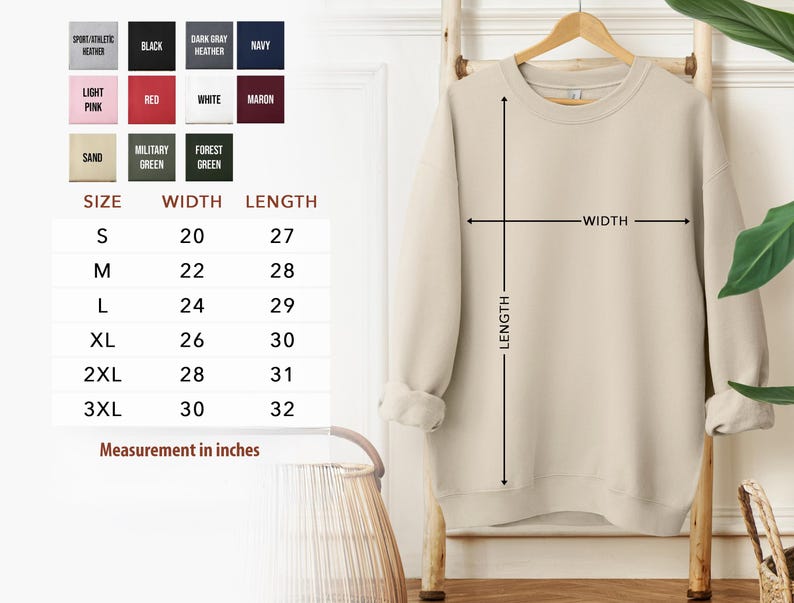 a beige sweater hanging on a wooden hanger, with a size chart and measurements provided below it.