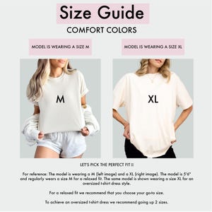 The image is a size guide for a model wearing a size M and a model wearing a size XL. The guide provides recommendations for choosing the perfect fit based on the model's image and the recommended size for an oversized t-shirt dress.