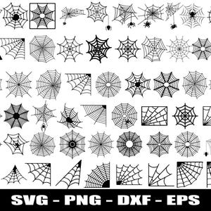Könnte beinhalten: Eine Sammlung von schwarz-weißen Spinnennetz-Designs in verschiedenen Formen und Größen. Enthält kreisförmige, quadratische und Eckmuster, einige mit Spinnen. Das Bild enthält auch den Text "SVG - PNG - DXF - EPS".