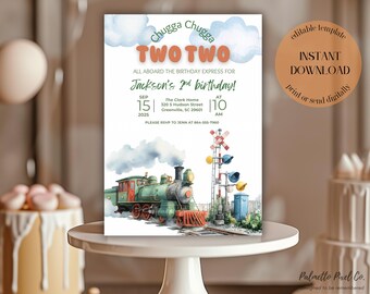 Chugga Chugga Two Two Invite, Train Birthday Invitation, Choo Choo 2nd Birthday, Train Watercolor, Digital Download, Editable Template