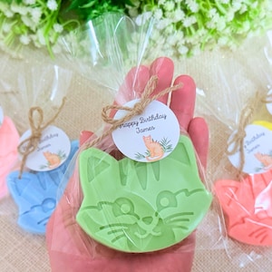 May include: A collection of colorful, cat-shaped soaps in cellophane bags, tied with twine and tags that read "Happy Birthday James." The soaps are in shades of pink, blue, green, and orange, perfect for a party favor.