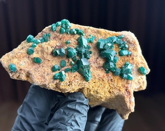 Puede incluir: Una piedra de matriz mineral rugosa y texturizada de color tostado que presenta numerosos cristales pequeños de color verde esmeralda vibrante agrupados en su superficie. Los cristales muestran facetas geométricas afiladas y un tono verde profundo.