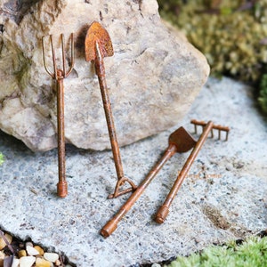 4 Pc Rustic Vintage Garden Tools Miniature Fairy Garden Decor Shovel Rake Hoe image 1