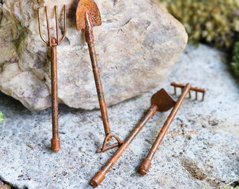 4 Pc Rustic Vintage Garden Tools Miniature Fairy Garden Decor Shovel Rake Hoe