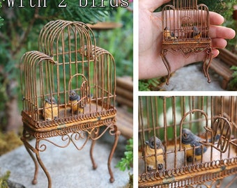 Vintage Rustic Standing Bird Cage & Birds Miniature Fairy Garden Decor