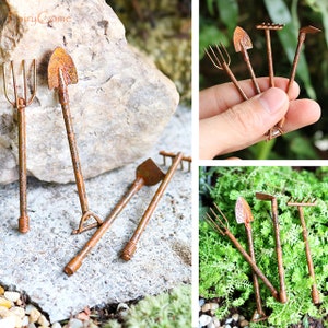 4 Pc Rustic Vintage Garden Tools Miniature Fairy Garden Decor Shovel Rake Hoe image 2