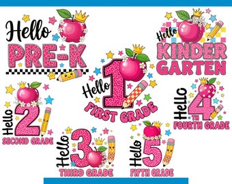 Hello Pre-K to 5th Grade PNG Bundle: Back to School Leopard Apple (Digital Download)