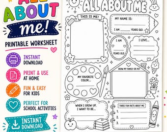 May include: A printable All About Me worksheet featuring black and white line art with sections for a name, age, favorite color, family drawing, and fun facts. The design includes icons of a sun, rainbow, paint palette, apple, and a crayon.
