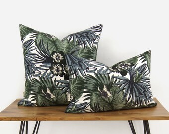 Green Banana leaf Pattern Decorative Throw Pillow Case in Lumbar 12x18 or 18x18 | Tropical Palm Leaves Print Cushion Cover