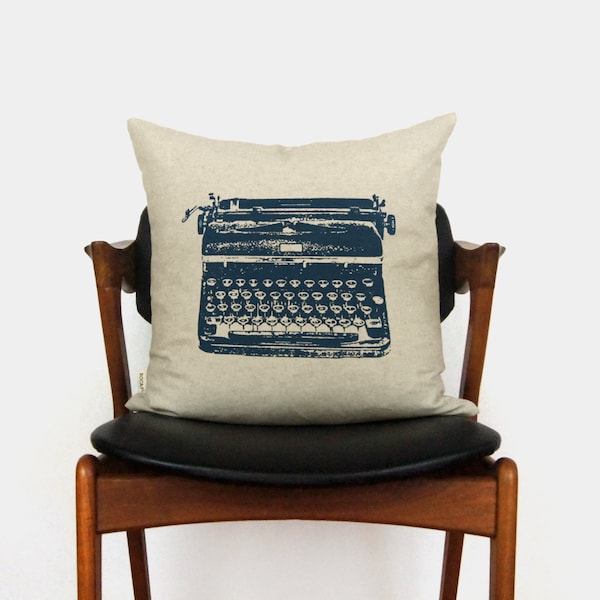 16x16 Typewriter Decorative Throw Pillow Case Navy Blue, Grey and Beige Ikat Back | Industrial Cushion Cover | Mid Century Modern Decor