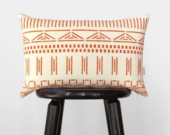 Burnt Orange and Ecru Decorative Pillows, 12x18 Lumbar Mudcloth Pillow Case, Hand Printed Terracotta Toss Cushion Cover, Washable