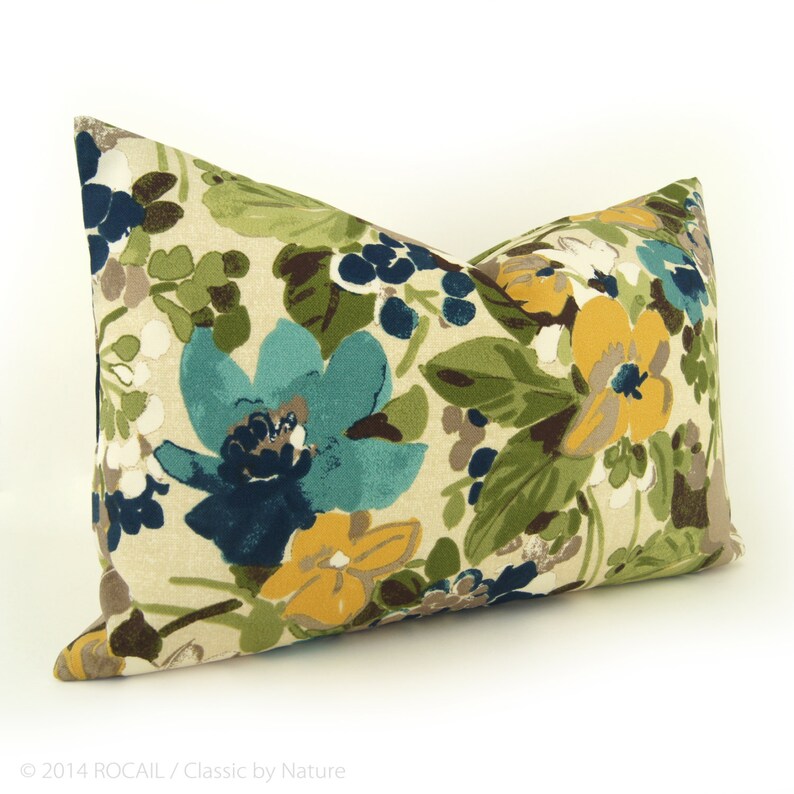 Floral Outdoor Decorative Throw Pillow Case, Cover 12x18 Lumbar Cushion Mustard Yellow, Navy Blue, Green, Aqua, Brown and Beige Flowers image 1