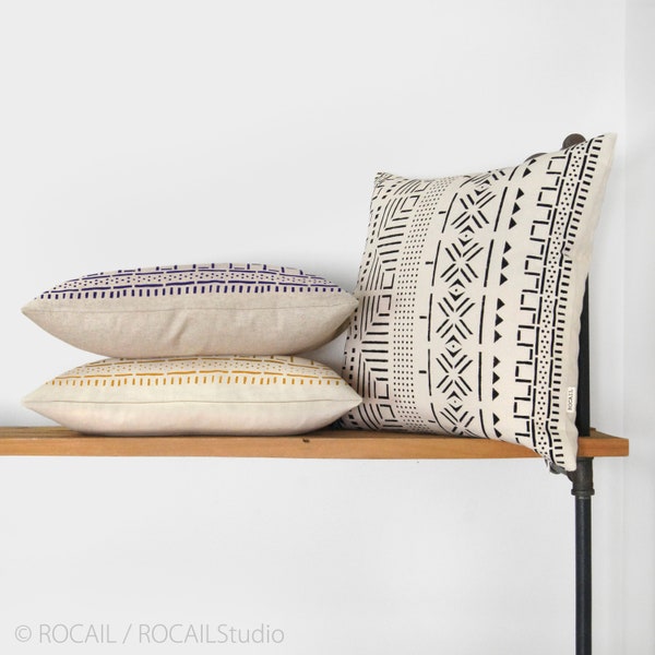 18x18 or 20x20 Personalized Mudcloth Inspired Decorative Throw Pillow Case, Custom Hand Printed Cushion, Modern Bohemian decor