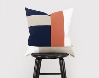 18x18 Colorblock Decorative Throw Pillow Cover | 12x18, 16x16 20x20 Navy Blue, Natural Beige, White and Terracotta Blocking Cushion Cover