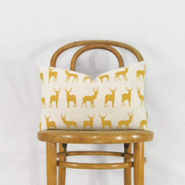 Mustard deer lumbar pillow cover, Decorative throw pillow case | Modern and rustic woodland decor | Yellow and beige ecru 12x18 stag cushion