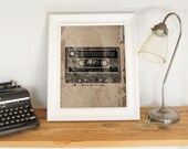 Rewind back in time, cassette tape art print - Black and old kraft paper - Instant download artwork, PDF file in 8x10 inches