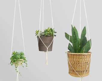 Modern and minimalist macrame plant hanger, DIY hanging planters | Indoor garden Off white pot holder for herbs, hoya and trailing plants