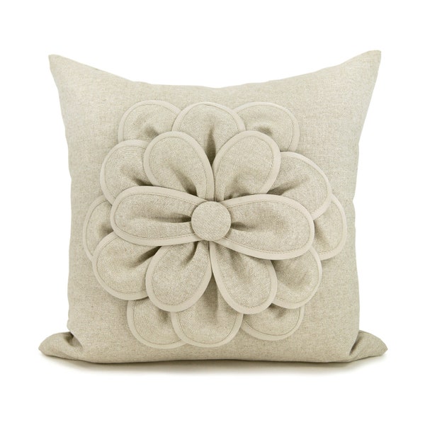 16x16 Decorative Pillow Cover | Flower Pillow Cover | Natural Pillow Cover | Rustic and Shabby Chic Home Decor | Flower Applique Pillow