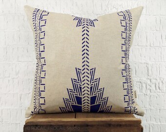 Housse de Coussin tribal inspiration Navajo en 18x18 pouces | Décor Ethnique, Aztèque, Sud-ouest | Coussin Décoratif bleu indigo et beige