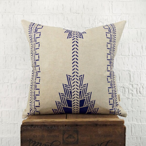 Southwestern Decorative Throw Pillow Case | Navajo Native American Indigo Blue and Natural Beige Cushion Cover, Tribal Decor