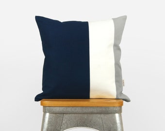 Color Block Decorative Pillow Case | Navy Blue, White and Stone Gray Geometric Striped Cushion Cover | Modern, Minimalist Scandinavian Decor