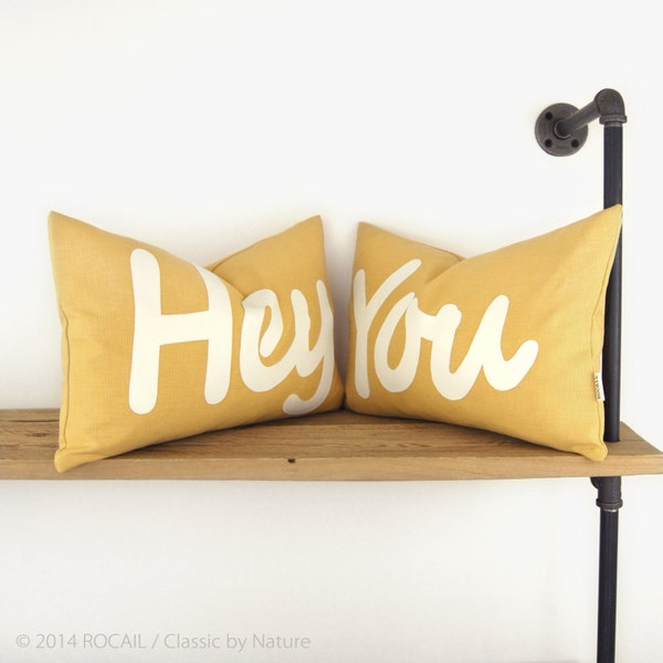 Monogram pillow, 12x18 lumbar decorative throw pillow case - Word Outdoor cushion cover with YOU applique in white and mustard yellow