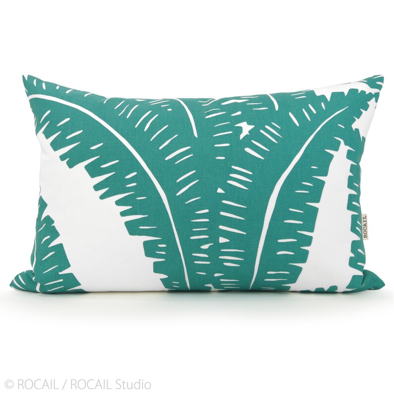 Turquoise and White Tropical Foliage Decorative Throw Pillow Case 12x18, 18x18 or 20x20 Botanical Fern Bohemian Cushion Cover image 2