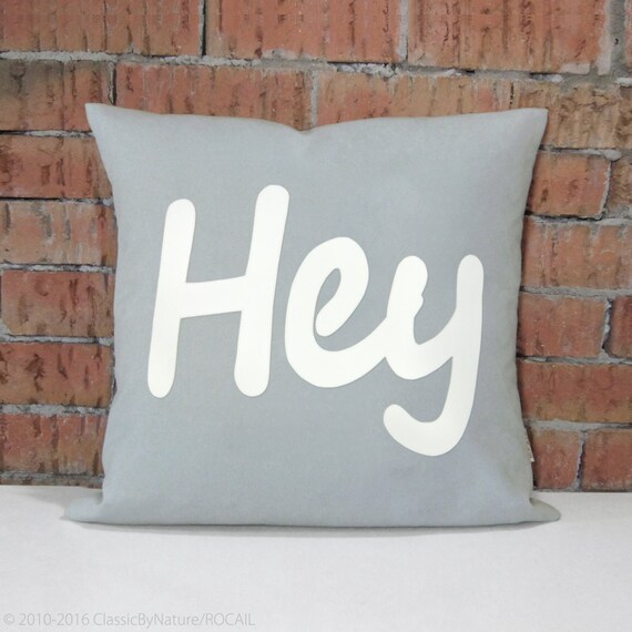 Items similar to White and Grey Word Pillow HEY Decorative Pillow