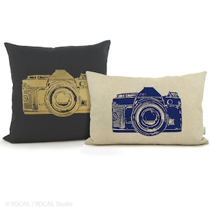 Personalized pillow case with vintage camera print 12x18, 16x16, 18x18, 20x20 custom decorative cushion cover, Modern urban decor image 1