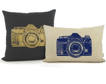 Personalized pillow case with vintage camera print | 12x18, 16x16, 18x18, 20x20 custom decorative cushion cover, Modern urban decor