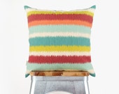 18x18 Southwestern Striped Outdoor Pillow Case, Cushion Cover | Stripes in Orange, Red, Green, Turquoise and Aqua | Patio Garden Decoration