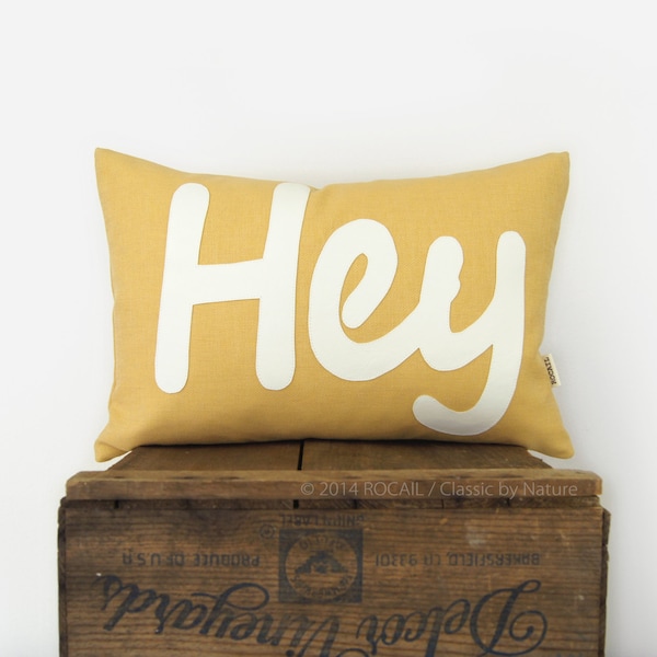 Modern indoor outdoor cushion cover | HEY word applique design in white and mustard yellow | 12x18 decorative lumbar pillow case