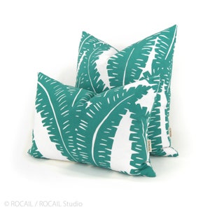 Turquoise and White Tropical Foliage Decorative Throw Pillow Case 12x18, 18x18 or 20x20 Botanical Fern Bohemian Cushion Cover image 1