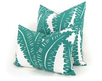 Turquoise and White Tropical Foliage Decorative Throw Pillow Case | 12x18, 18x18 or 20x20 Botanical Fern Bohemian Cushion Cover